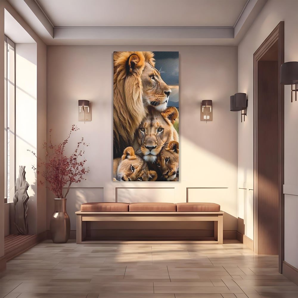 Tablou canvas cu tablou canvas cu o familie de lei, fara rama, pe sasiu de lemn